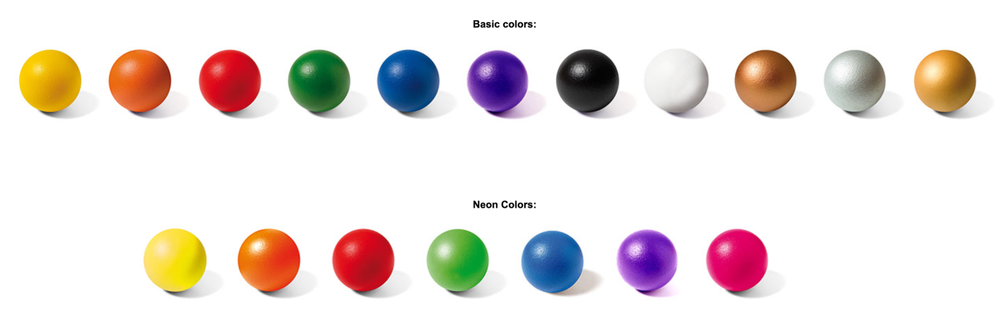 Basic and neon colors available for foam balls